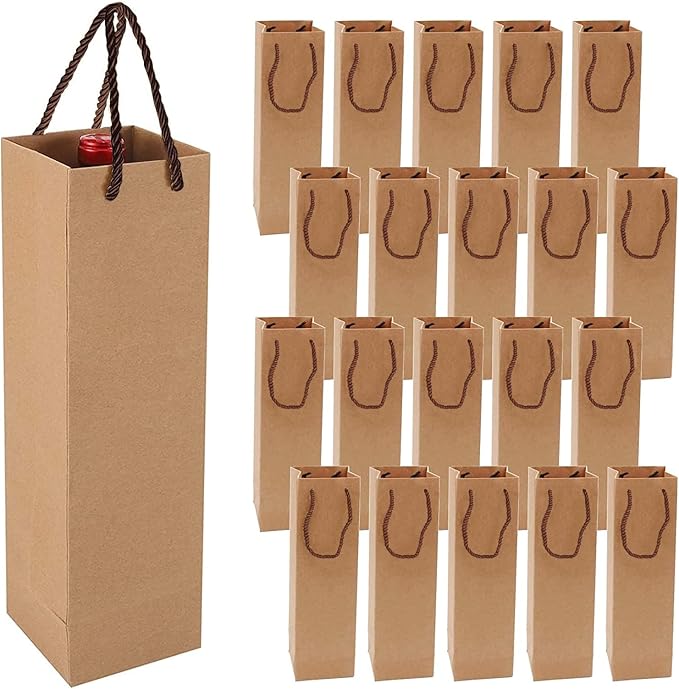 DQZSY 20 Pack Brown Wine Gift Bag, Wine Tote Bags Bulk Kraft Paper Bag with Handles for Party, Shopping,Christmas, Retail Merchandise