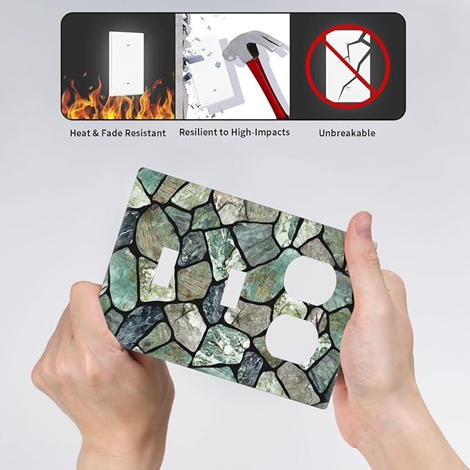Green Stone Texture Combo 2 Toggle 1 Duplex Outlet Light Switch Wall Plate Cover Decorative 3-Gang for Electrical Room Bathroom Bedroom Home Kitchen One Receptacle 4.5" x 6.38"