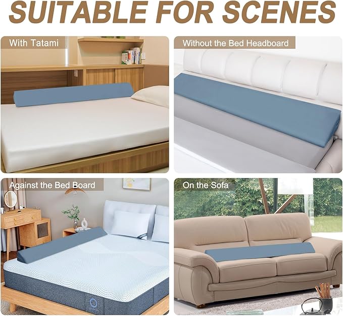 WdFour Bed Wedge Pillow, Close Off Headboard, Wall and Mattress Gap. Incline, Slanted Sweat-Proof Pillow for Neck and Back Pain Relief Anti-snoring for Comfortable Sleeping.(Smoky Blue,76Wx10Dx6H)