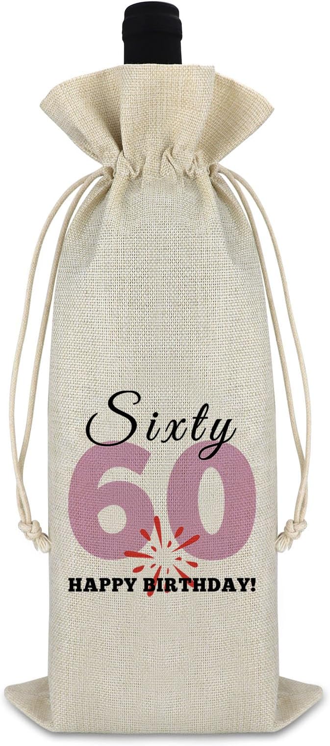 60th Birthday Gift Wine Bag Happy 60th Birthday Gift for Men Women 60 Year Old Birthday Party Decors Turning 60 Gift for Grandma Grandpa Happy Sixty Birthday Burlap Wine Gift Bag Retirement Gift