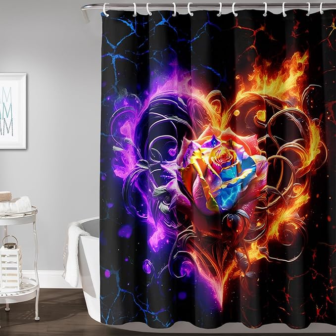 AILONEN Rose Shower Curtain for Bathroom,Purple Red Flame Fire Rose Hearts Print Bath Curtain,Modern Print Decoration Waterproof Shower Curtain with 12 Plastic Hooks, 60" W*72" H