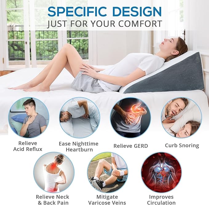 Sasttie Wedge Pillow for Sleep Apnea, 12 Inch Memory Foam Bed Wedge Pillow for Acid Reflux Relief, 30 Degree Triangle Incline Pillow Wedge for Sleeping with Removable Cover, Dark Grey