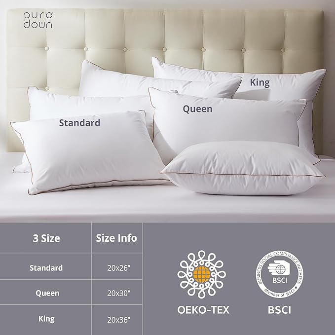 puredown® Goose Feathers Down Pillows Queen Size Set of 2 - Made in USA Soft Fluffy Hotel Pillow, 100% Cotton Cover, Luxury Medium Firm Bed Pillows for Back, Stomach or Side Sleeper.