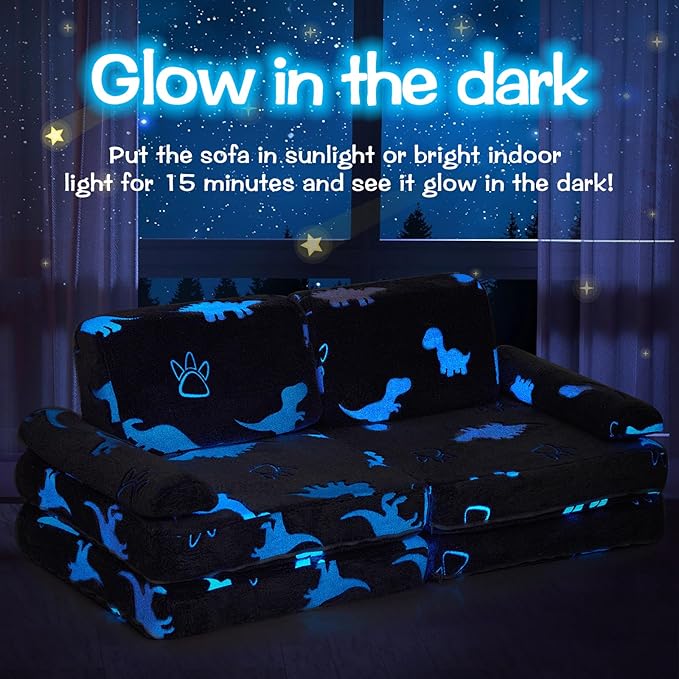Modular Kids Play Couch,Toddler Couch Kids Sofa,Child Sectional Sofa,Bedroom and Playroom Furniture for Toddlers,Convertible Foam and Floor Cushion for Boys and Girls,Glow in The Dark,Dinosaur