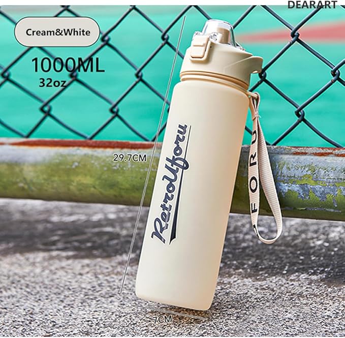 DEARART 32oz Water Bottle With Motivational and Time Marker, BPA FREE Quick Drink No Straw, Easy Clean Suit Sports Office Gym School, Cream&White