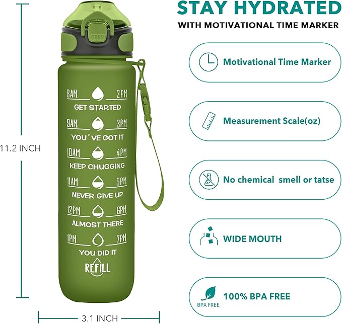 Enerbone 32 oz Drinking Water Bottle with Times to Drink and Straw, Motivational with Carrying Strap, Leakproof BPA & Toxic Free, Ensure You Drink Enough Water for Fitness Gym Outdoor