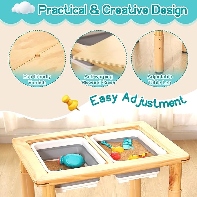 FUNLIO Wooden Sensory Table with 2 Bins for Toddlers 1-5, 4-Level Height Adjustable Kids Sensory Table with Anti-Warping Plywood Lid, Indoor/Outdoor Play Sand and Water Table, CPC Certified