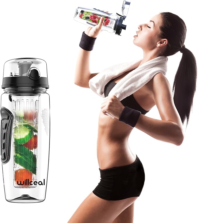 Fruit Infuser Water Bottle 32oz- Durable, Large - BPA Free Tritan, Flip Lid, Leak Proof Design - Sports, Camping