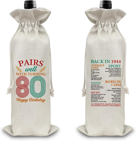 80th Birthday Gifts Wine Bag Congratulations Gifts for Women Men Parents Mom Dad Anniversary 1944 Birthday Wine Gift Bag