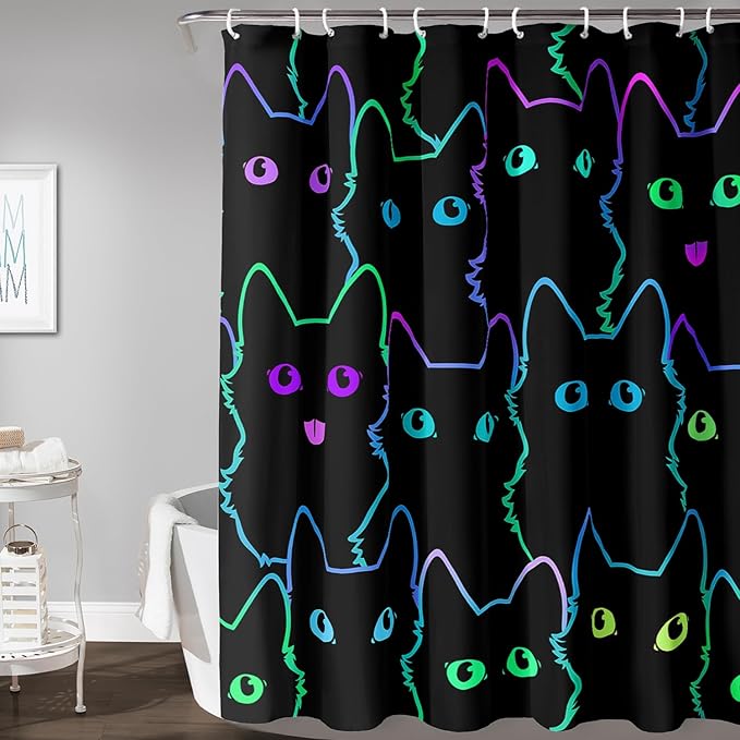 AILONEN Cute Cat Shower Curtain for Bathroom,Gradient Line Kawaii Kitten Bath Curtain for Kids Boys Girls,Color Cartoon Animal Polyester Waterproof with 12 Plastic Hooks 72" W*78" H