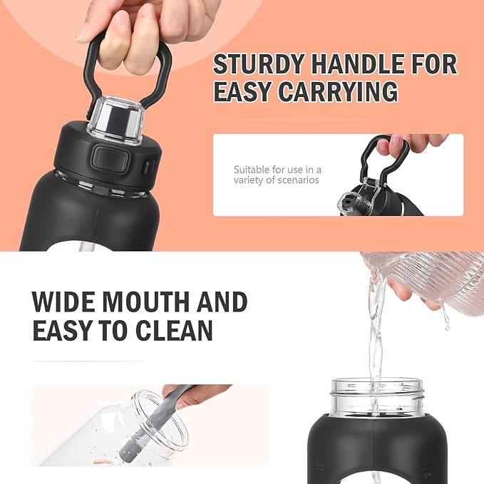 Kodrine Water Bottle With Straw and Carry Handle, Glass Water Bottle 24 oz Leak Proof Locking Lid with Soft Silicone Spout, Small Clear Water Bottle, Travel Sports Water Jug, Time Marker, Black