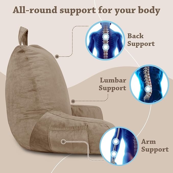 LOVTEX Reading Pillow with Removable Cover, Back Pillow for Sitting Up in Bed with Arms and Pockets, Bed Rest Pillow Adult, 20 x 15 Inches(Brown)