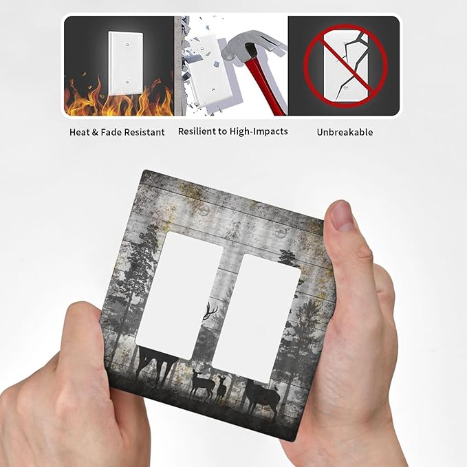 Rustic Deer Forest Vintage Wood Board 2 Gang Rocker Boho Light Switch Covers Decorative Country Unique Double Decora Outlet Wall Plate Faceplate Switchplate GFCI for Farmhouse Bedroom