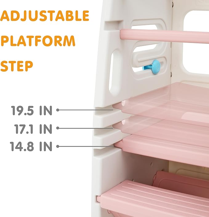 SDADI Multifunctional Toddler Tower with Double Safety Rails - Adjustable & Non-Slip for Kitchen and Bathroom Use - Montessori Step Stool for Kids, Beige and Pink