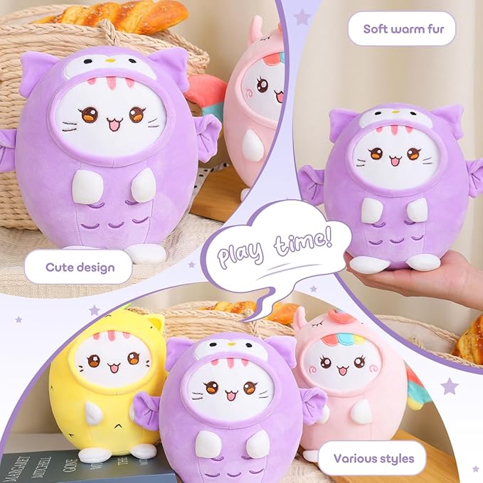 Cute Plush Owl Cat Stuffed Animal Pillow, 8" Soft Kawaii Kitten Plushie with Purple Owl Outfit Gift for Kids