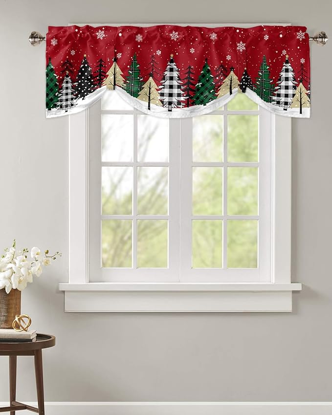 Red Merry Christmas Blackout Tie Up Valance Curtains for Kitchen Windows Green Christmas Tree Window Toppers Balloon Shades for Living Room/Bathroom/Bedroom,1 Panel, 42" X 12",White Snow Forest Winter