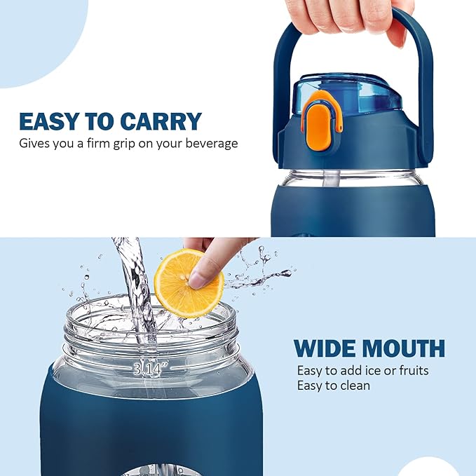 kytffu 64oz Glass Water Bottles with Straw, Half Gallon Motivational Glass Bottle with Silicone Sleeve and Time Marker, 2L Leakproof Large Glass Water Jug for Gym Home Office,Blue