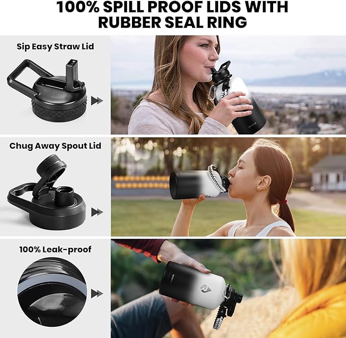 Insulated Water Bottle 64 oz, Triple Wall Vacuum Stainless Steel (Cold for 48 Hrs), Leak Proof & Non-BPA, Half Gallon Water Flask Jug with Paracord Handle & Straw Spout Lids, White/Black