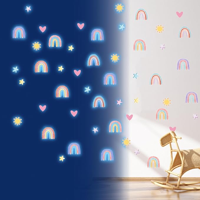 NICENEEDED 4 Sheets Glow in The Dark Rainbow Wall Decal, Glowing Luminous Small Rainbow Wall Stickers, Removable Self-Adhesive Ceiling Sticker Decals for Bedroom Decoration