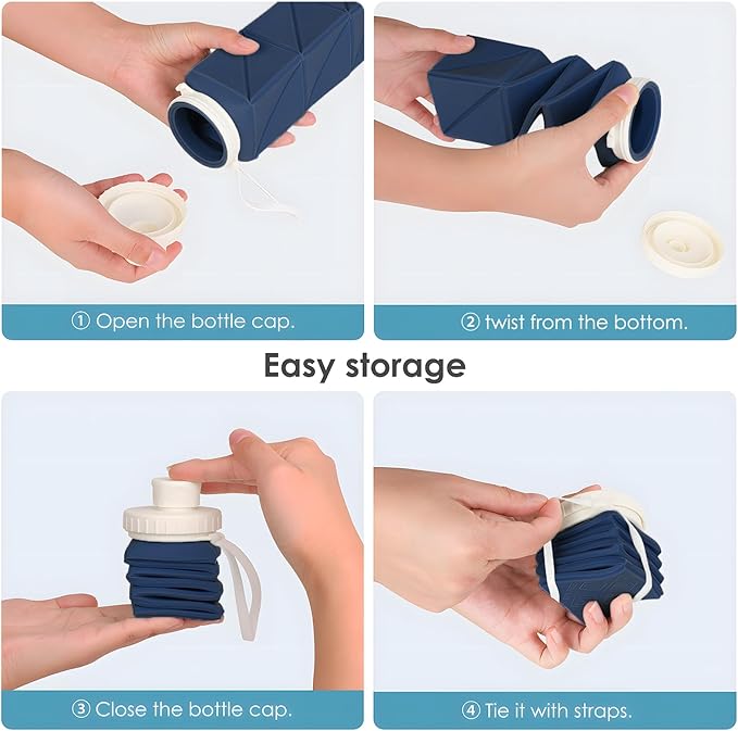 Collapsible Water Bottles,BPA-Free Leak-Proof Silicone Foldable Water Bottle Cup 20.6oz,Durable Lightweight Bottle for Gym Travel Camping Hiking Running (Navy Blue+Green)