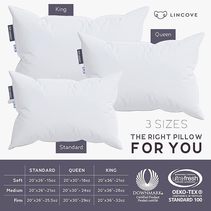 Lincove 100% European Down Venus Pillow – German Down 600 Fill Power, 400 Thread Count Shell, Made in Canada, | Luxe Collection, 26"x26"