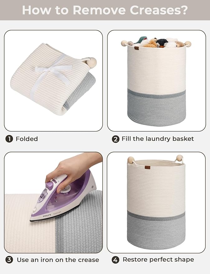 StorageWorks 72L Cotton Rope Laundry Basket with Wooden Beads Handles, Woven Basket for Storage, Dirty Clothes, Kids Toys, Towels, White & Grey