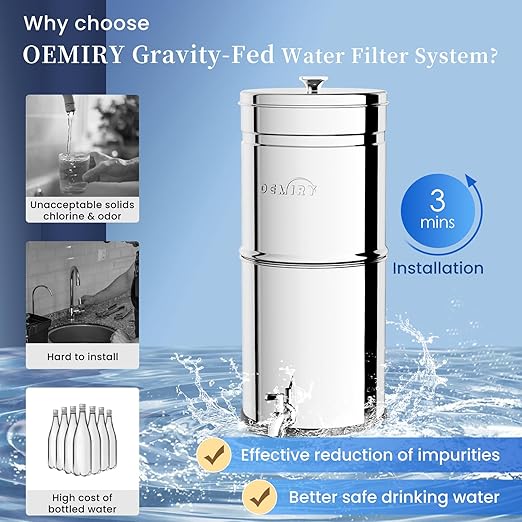 3.25G Gravity Water Filter System, NSF/ANSI 42&372 Standard, 304 Stainless Steel Countertop System with 3 Carbon Filters and Stand, Reduce 99% Chlorine and Lead