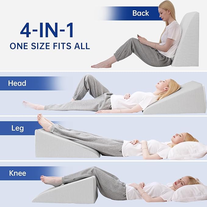 QUINEEHOM Wedge Pillow for Sleeping, 12 Inch Triangle Bed Wedge for Adults, Memory Foam Wedge with Washable Cover, Hypoallergenic 30 Degree Pillow Wedge for Acid Reflux, Knee, Snoring, Light Grey