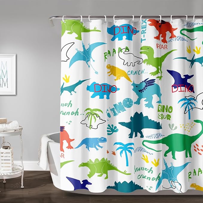 AILONEN Cartoon Dinosaur Shower Curtain for Kids Boys 60" W*72" H Inch,Colorful Dinosaur Pattern Shower Curtain,12 Pack Hooks Polyester Waterproof Fabric Decor for Bathroom