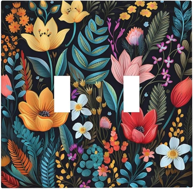 Boho Floral Vintage Flower Leaves Rustic Wildflower Plants Double Toggle Light Switch Covers 2 Gang Wall Plate Dual Decorative Switchplate Electrical Faceplate for Country Bathroom Bedroom Decor