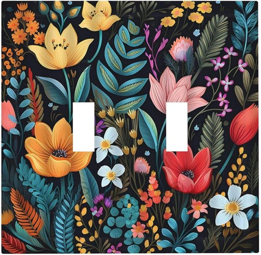 Boho Floral Vintage Flower Leaves Rustic Wildflower Plants Double Toggle Light Switch Covers 2 Gang Wall Plate Dual Decorative Switchplate Electrical Faceplate for Country Bathroom Bedroom Decor