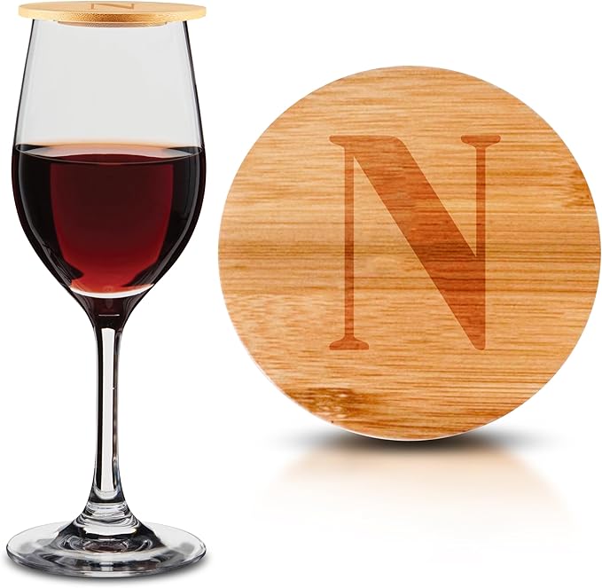 Personalized Wine Glass Charcuterie Topper - Custom Laser Engraved Initial Bamboo Wine Glass Topper Stopper Coasters Plate ID Identification Wine Glass Charcuterie Board Topper (Letter N)