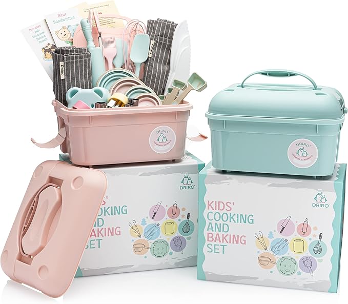 Kids Baking Set Real Cooking Set for Kids , Baking Supplies with Adult and Kid Aprons - Real Tools for Real Cooking Kids Baking Sets for Girls and Boys Kid Cooking Gift Set (Cyan)