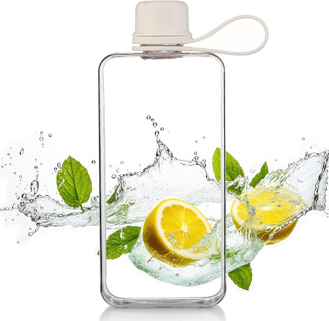 Tritan Transparent Flat Water Bottle samll Water Bottle Slim Square Pocket Bottle Water Flask, BPA Free/Slim Design/Leak Proof Water Bottle for Travel, Outdoor, Sports, Camping (White, 400ML)