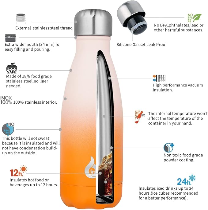 BJPKPK 12oz Water Bottle Stainless Steel Water Bottles Insulated Metal Water Bottle For Travel,Coral