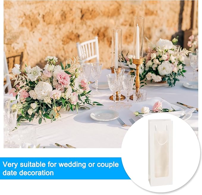 uxcell Wine Bags, 20pcs 4.92"x3.35"x14.2" Wine Gift Bags with Rope Handles, Paper Wine Tote Bag with Clear Window for Wedding Birthday Christmas Party Supplies, White