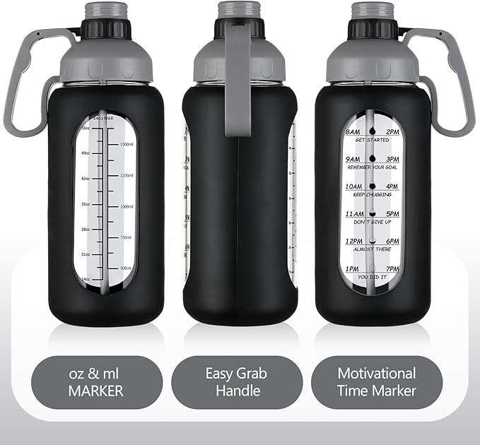 MUKOKO 64oz Glass Water Bottles with Straw, Half Gallon Water Bottle with Time Marker, Motivational Water Bottle with Silicone Sleeves,Large Glass Water Bottle for Gym,Working,Outdoor,Black