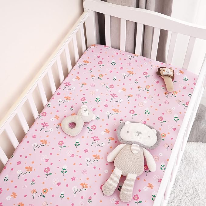 PHF Soft Crib Sheet Fitted, 2 Pack Baby Sheets for Boys Girls, 28x52x9in Fits Standard Crib and Toddler Mattresses, Silky Comfy Breathable Polyester Baby Mattress Sheets, Rose Floral