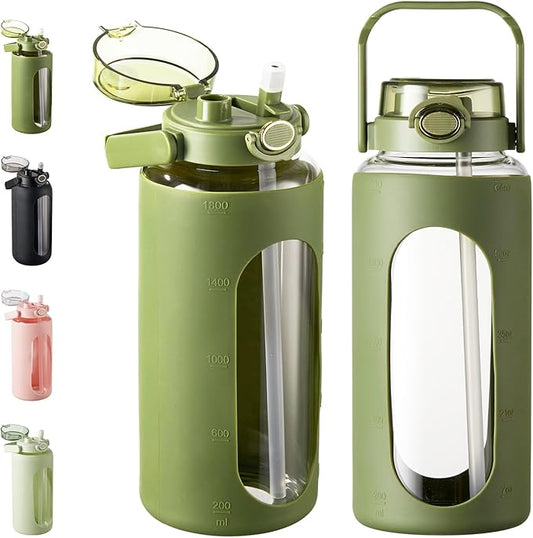 TKK 64 OZ Glass Water Bottle with Straw and Handle Half Gallon Bottle with Silicon Sleeve 2L Sports Water Bottles for Fitness, Gym, Workout, Workout - Olive