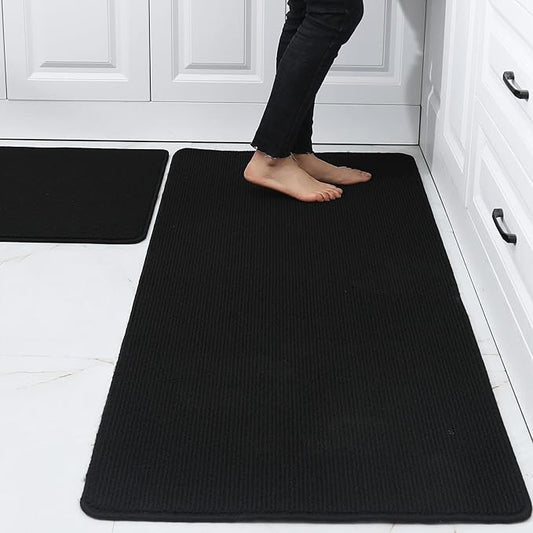 COSY HOMEER 24x35 Inch/24X60 Inch Kitchen Rug Mats Made of 100% Polypropylene Strip TPR Backing 2 Pieces Soft Kitchen Mat Specialized in Anti Slippery and Machine Washable,Black