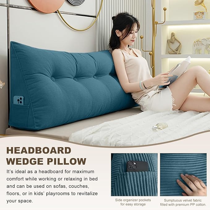 Headboard Pillow - Queen-Sized Headboard Wedge Pillow for Daybeds and Bunk Beds - Durable, Comfortable, with Removable Velvet Cover (Navy blue, 59x20x8Inches)