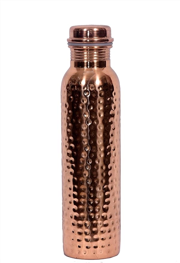 Copper Bottle For Drinking Water 33 Oz Ayurvedic Leak Proof lid Hammered Design Durable Lightweight Hand Washable Vessel Clean Cool Water Natural Minerals Boost Energy Safe Water Utensil