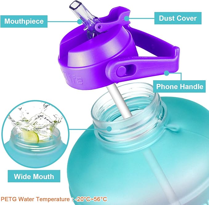 QuiFit Half Gallon Water Bottle - with Straw & Motivational Time Marker Leak-Proof BPA Free Reusable Gym Sports Outdoor Large(73OZ) Capacity Water Jug(Green/Purple Gradient,Half Gallon)