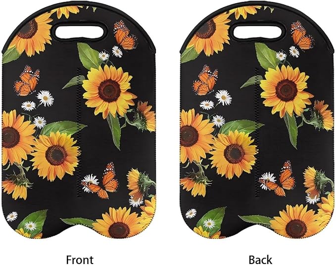 doginthehole Sunflower Butterfly Wine Bottle Carrier Reusable Wine Gift Tote Bags 2 Bottle Wine Bag for Birthday Party Wine Carry Holder Neoprene Champagne Bottle Protective Bag
