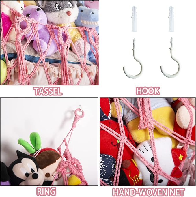 Stuffed Animal Net or Hammock Wall Hanging Net for Stuffed Animal Storage Macrame Toy Display Plush Toy Holder Soft Toy organizer for Nurery Baby Bedroom Playroom-Pink