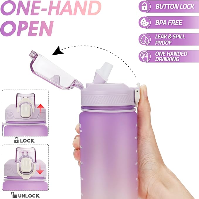 Motivational Water Bottle with Time Marker- 32oz Water Bottles with Times to Drink, Leakproof & BPA Free Sports Water Bottle with Straw & Carry Strap for Fitness, Gym, and Outdoor Sports