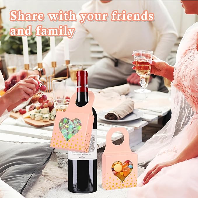 ISKYBOB 25 Pieces Wine Bottle Box with Window, Kraft Paper Wine Boxes for Gifts Hanging Wine Bottle Gift Box Foldable Wine Bottle Hanger Favor Box for Holding Candy Truffles Chocolate Cookies (Pink)