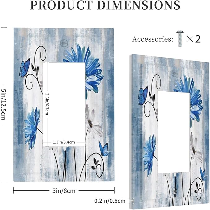 Rustic Teal Blue Daisy Floral Farmhouse 1 Gang Rocker Light Switch Covers Single Decora Outlet Wall Plate Decorative Switchplate Faceplate GFCI for Country Bathroom Bedroom Kitchen Decor