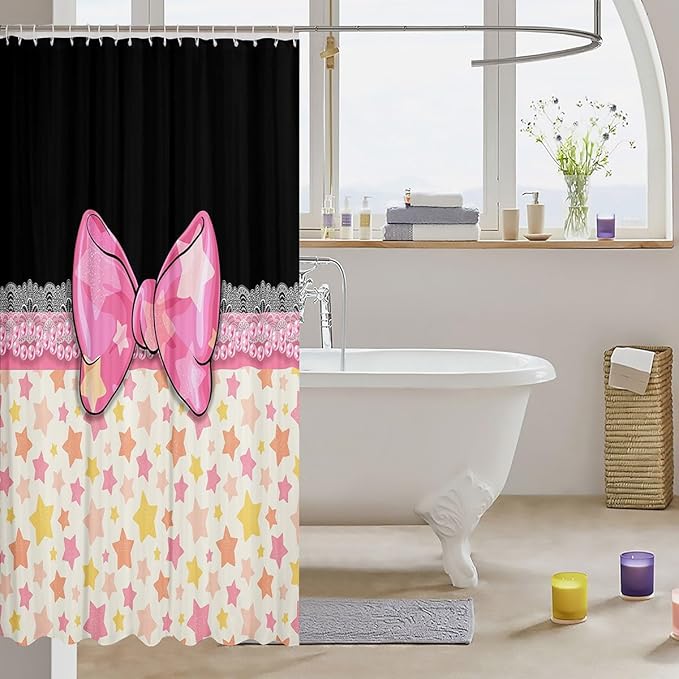 Feelyou Bowknot Shower Curtain 72"x72" Kids Galaxy Starts Print Bathroom Shower Curtain Set for Boys Girls Teens Butterfly Romantic Princess Style Bath Curtain Black Pink Bathroom Accessories