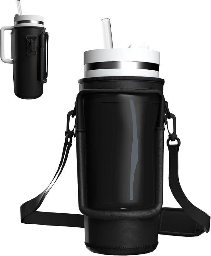 Water Bottle Carrier Bag with Phone Pocket for 40oz Tumbler with Handle, Adjustable Strap Neoprene Water Bottle Sleeve Pouch for Hiking Camping Travelling. (Black)